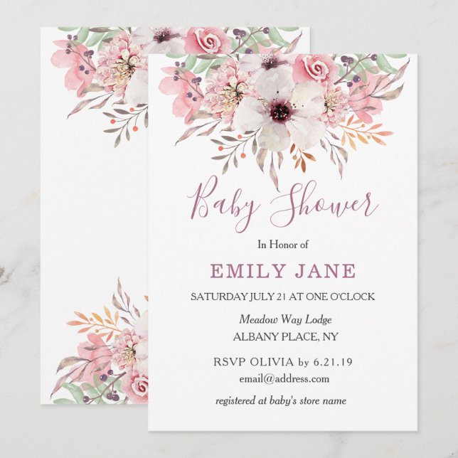 Invitación de Baby Shower floral con acuarela rosa (Anverso / Reverso)