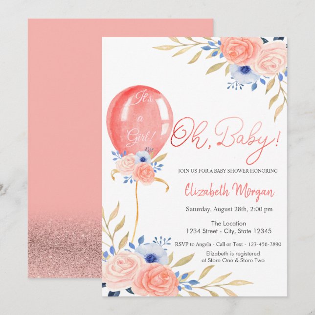 Invitación de baby shower floral con globo (Anverso / Reverso)