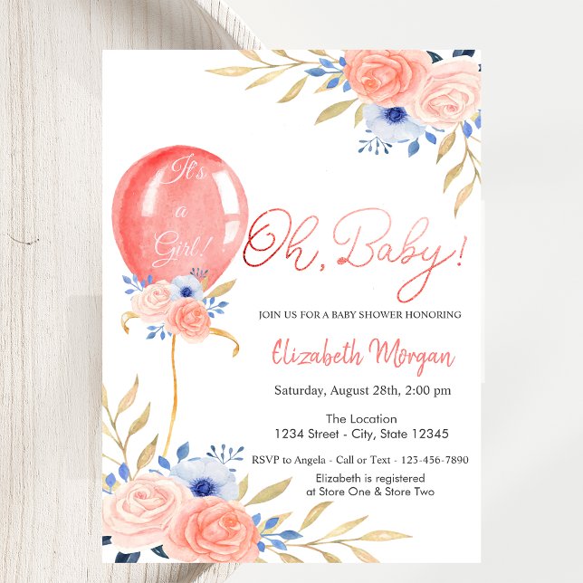 Invitación de baby shower floral con globo (Subido por el creador)