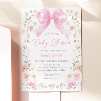 Invitación de Baby Shower Floral con Lazo Rosa