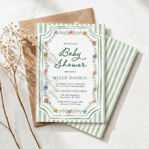 Invitación de Baby Shower Floral con Rayas Verdes
