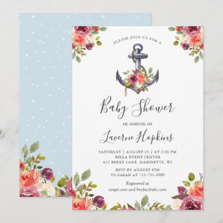 Invitación de Baby Shower Floral de Ancla Náutica