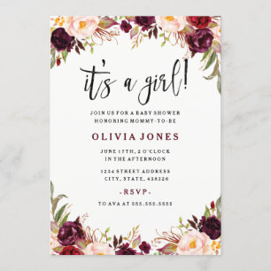 Invitación de baby shower floral de Borgoña