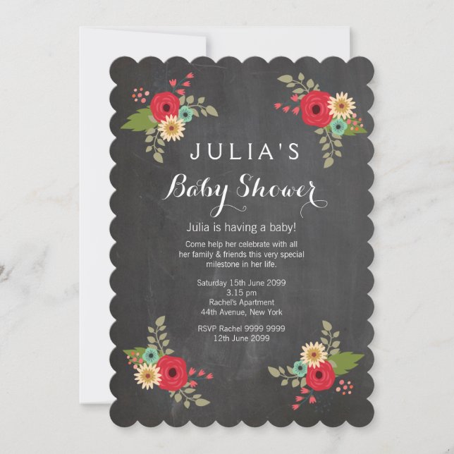 Invitación de Baby Shower floral de Chalkboard mod (Anverso)