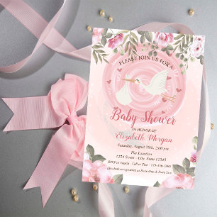 Invitación de Baby Shower Floral de Cigüeña Linda