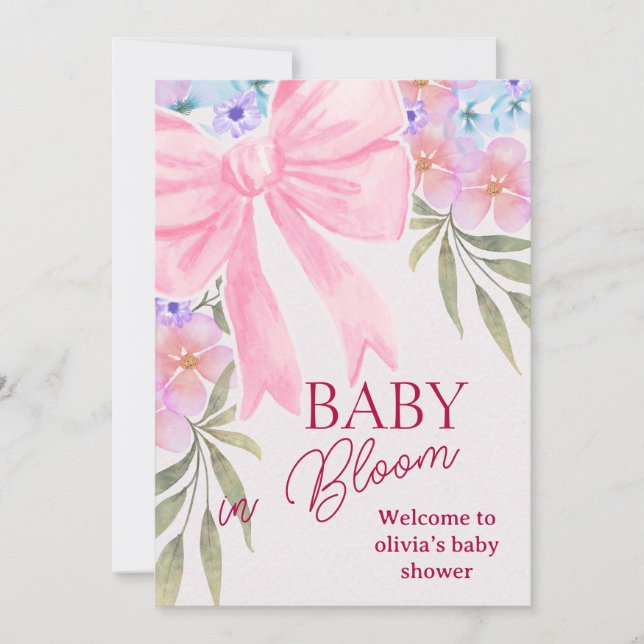 Invitación de Baby Shower Floral de Cinta Rosa Bab (Anverso)