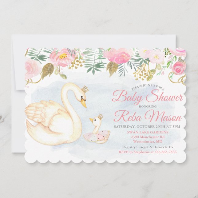Invitación de baby shower floral de cisne (Anverso)
