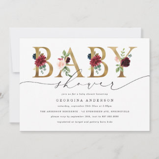 Invitación de baby shower floral de color burdeos