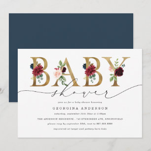 Invitación de baby shower floral de color burdeos