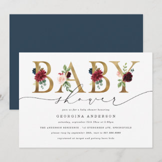 Invitación de baby shower floral de color burdeos