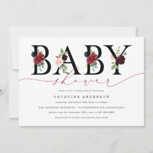 Invitación de baby shower floral de color burdeos 