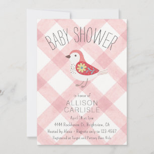 Invitación de baby shower floral de cuadros rojos 
