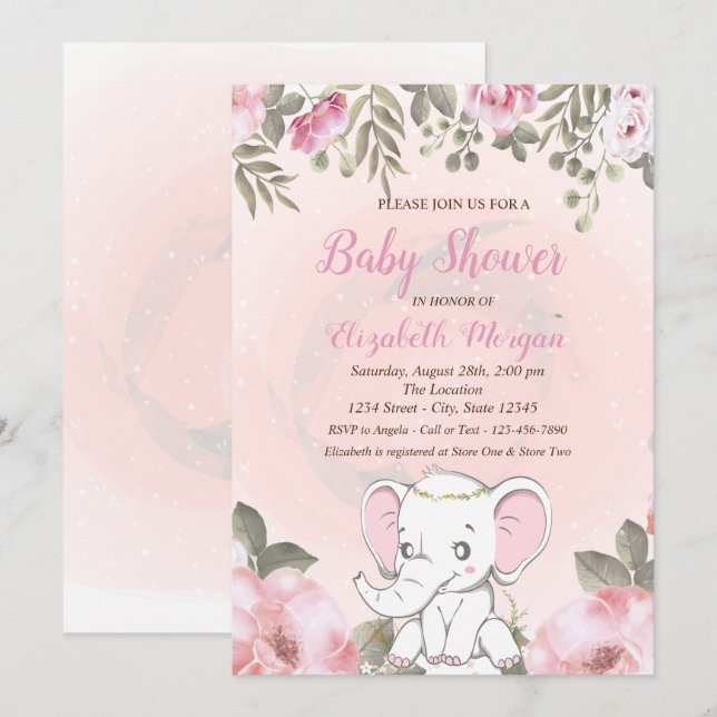 Invitación de baby shower floral de elefante bebé (Anverso / Reverso)