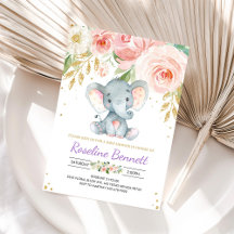 Invitación de Baby Shower Floral de Elefante Morad