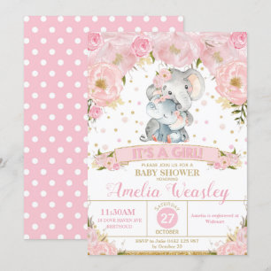 Invitación de Baby Shower Floral de Elefante Niña