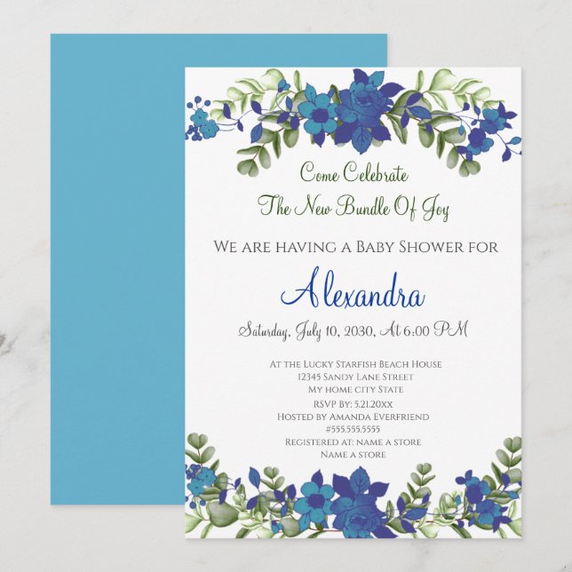 invitación de baby shower floral de eucalipto eleg (Anverso / Reverso)