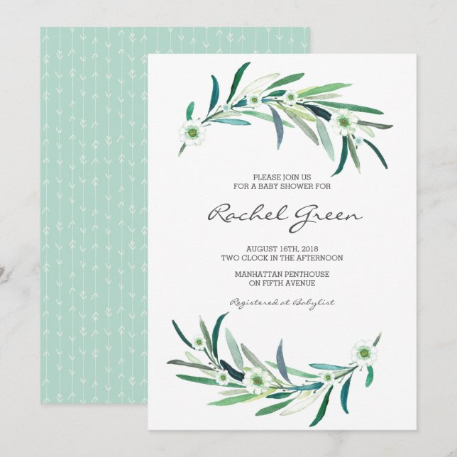 Invitación de Baby Shower floral de Eucalyptus (Anverso / Reverso)