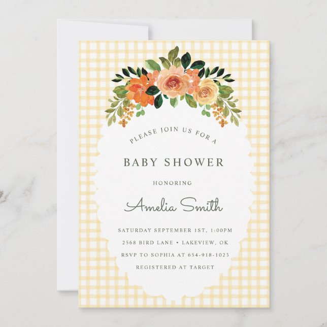 Invitación de baby shower floral de gingham 016 Ma (Anverso)