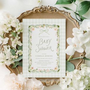 Invitación de baby shower floral de gingham verde