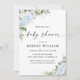 Invitación de Baby Shower Floral de Hortensia Azul