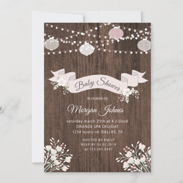 Invitación de Baby Shower floral de madera rústica (Anverso)