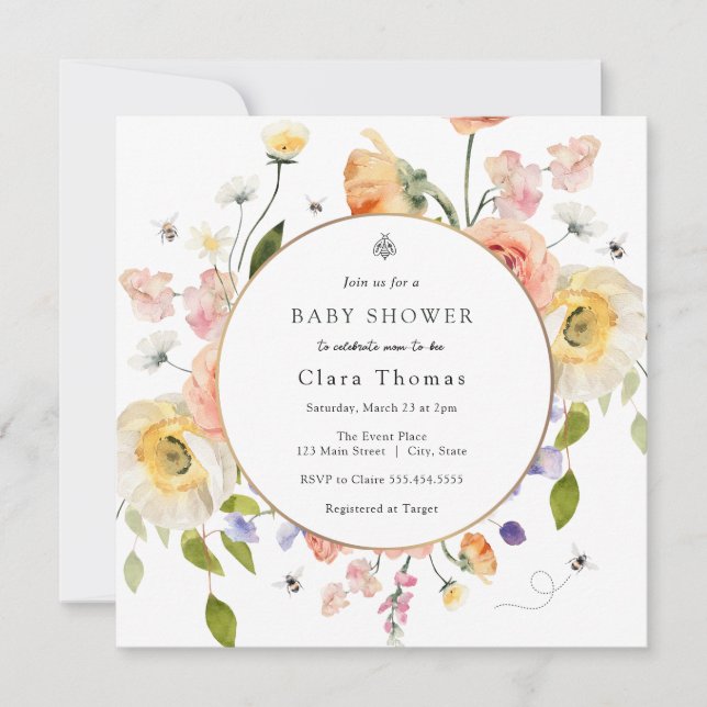 Invitación de Baby Shower floral de Mamá a Abeja (Anverso)