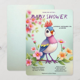 Invitación de baby shower floral de pájaro azul ro
