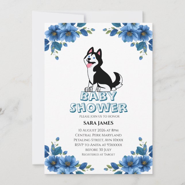 Invitación de Baby Shower Floral de Perro Husky Li (Anverso)