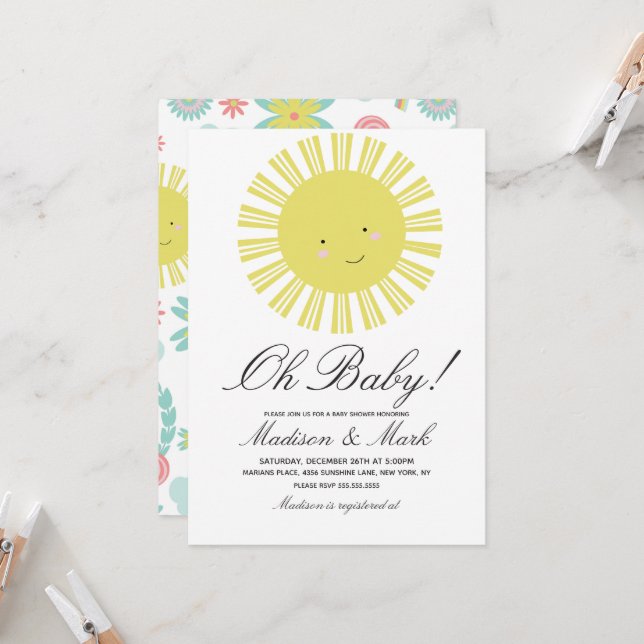 Invitación de Baby Shower Floral de Sol Adorable (Anverso/Reverso In Situ)