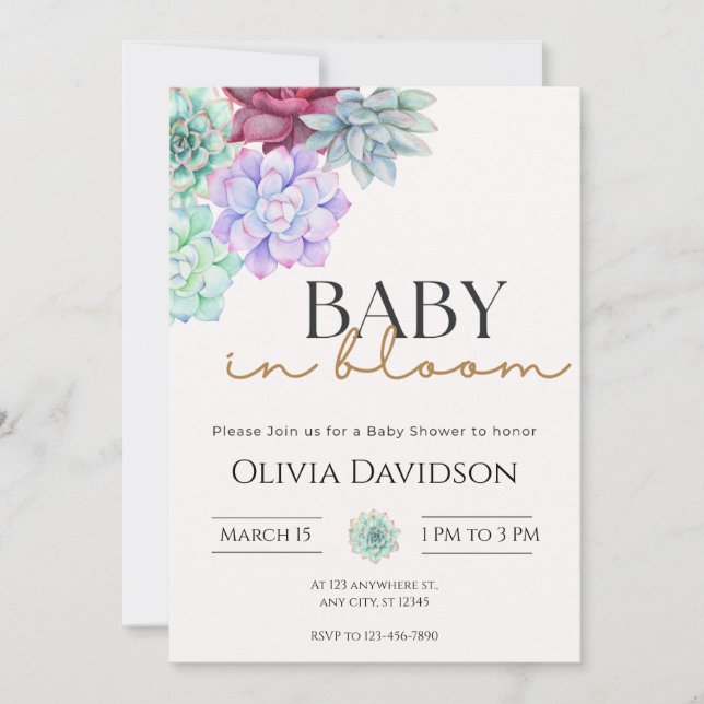 Invitación de Baby Shower Floral de Suculentas con (Anverso)