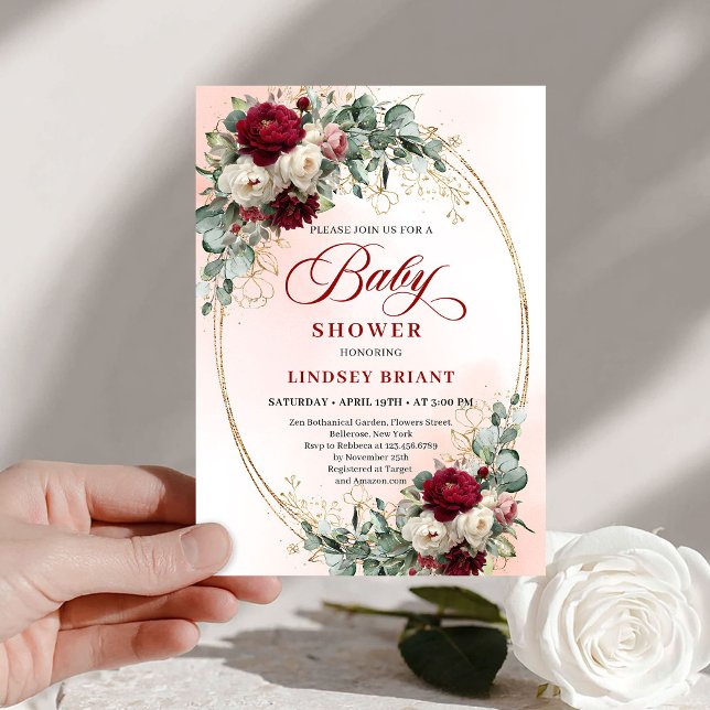 Invitación de Baby Shower Floral Dorada Marsala Rú (Rustic Marsala Floral Gold Baby Shower Invitation)
