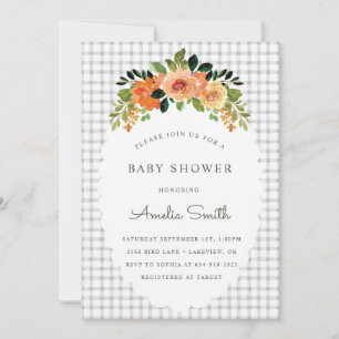 Invitación de baby shower floral gingham gris nieb