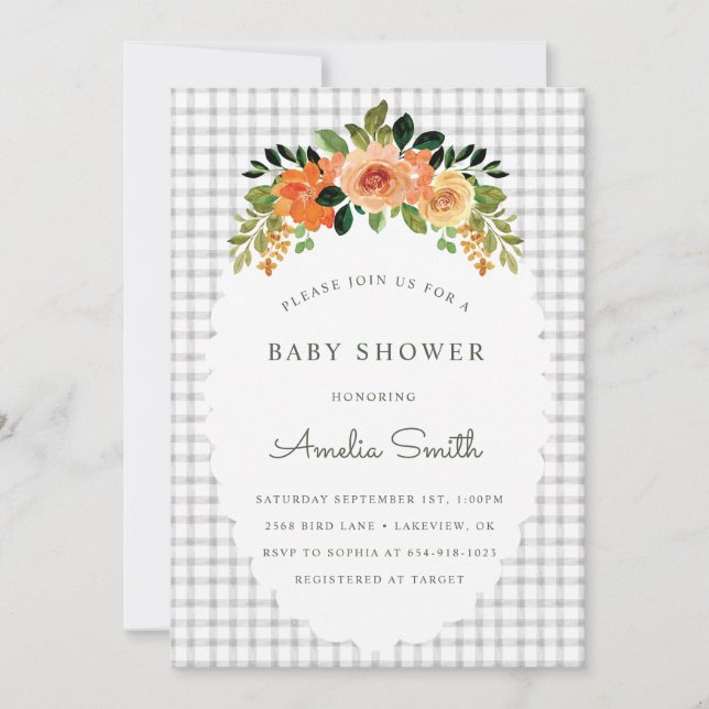 Invitación de baby shower floral gingham gris nieb (Anverso)