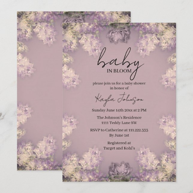 Invitación de baby shower floral lila (Anverso / Reverso)
