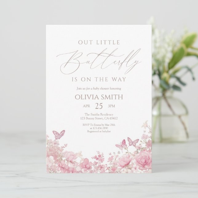 Invitación de Baby Shower Floral Mariposa Rosa (Anverso de pie)