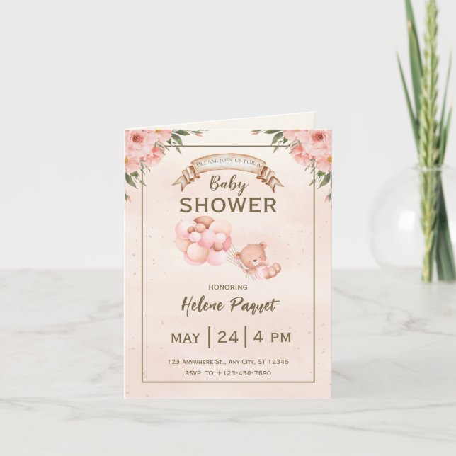 Invitación de baby shower floral marrón beige (Anverso)