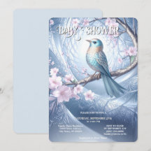 Invitación de Baby Shower Floral Pájaro Azul