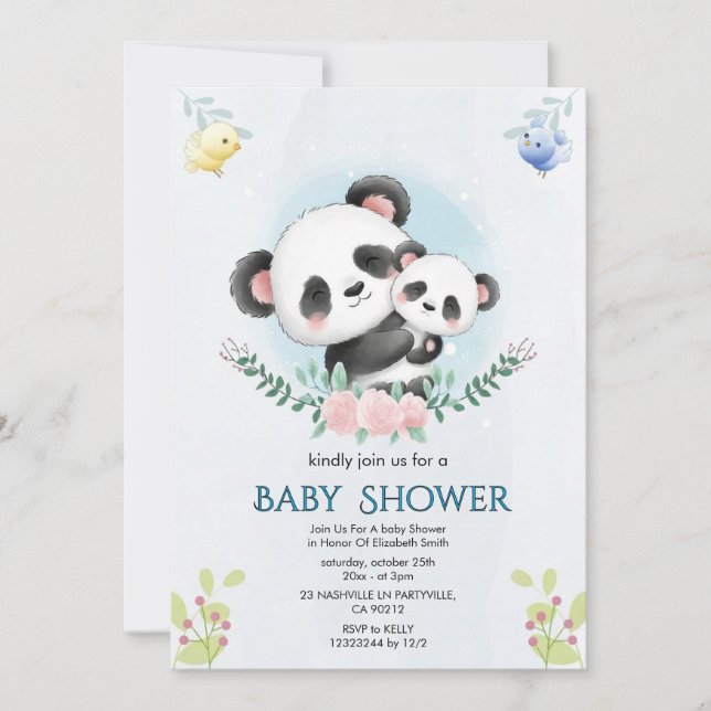 Invitación de Baby Shower Floral Panda (Anverso)