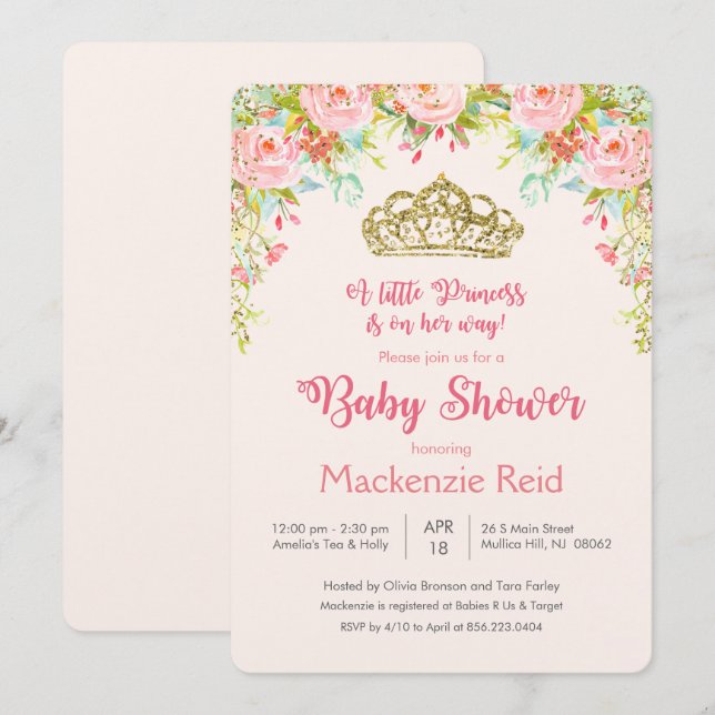 Invitación de Baby Shower Floral Princesa (Anverso / Reverso)
