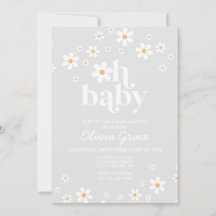 Invitación de Baby Shower Floral Retro Gris Daisy