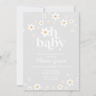 Invitación de Baby Shower Floral Retro Gris Daisy