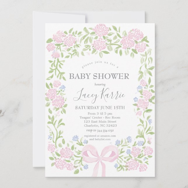 Invitación de baby shower floral rosa,  (Anverso)