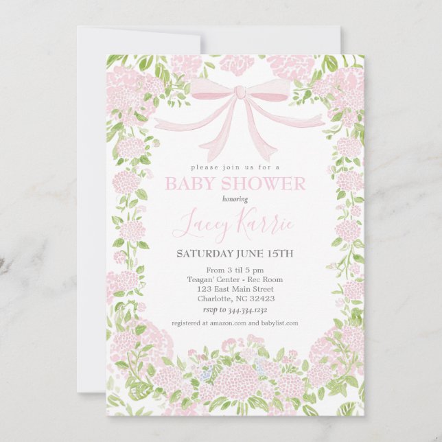 Invitación de baby shower floral rosa,  (Anverso)