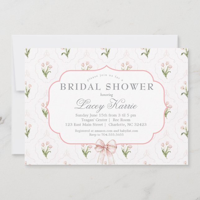 Invitación de baby shower floral rosa,  (Anverso)