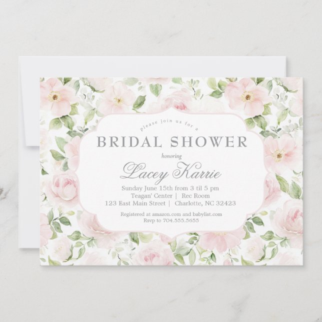 Invitación de baby shower floral rosa,  (Anverso)