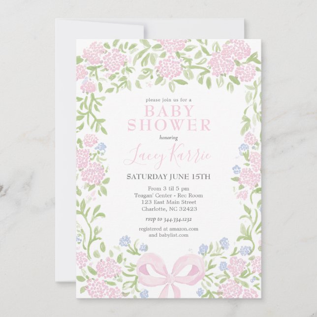 Invitación de baby shower floral rosa,  (Anverso)
