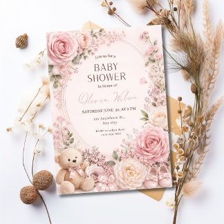 Invitación de baby shower floral rosa para niña