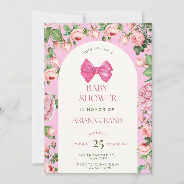 Invitación de Baby Shower Floral Rosa – Plantilla  (Anverso)