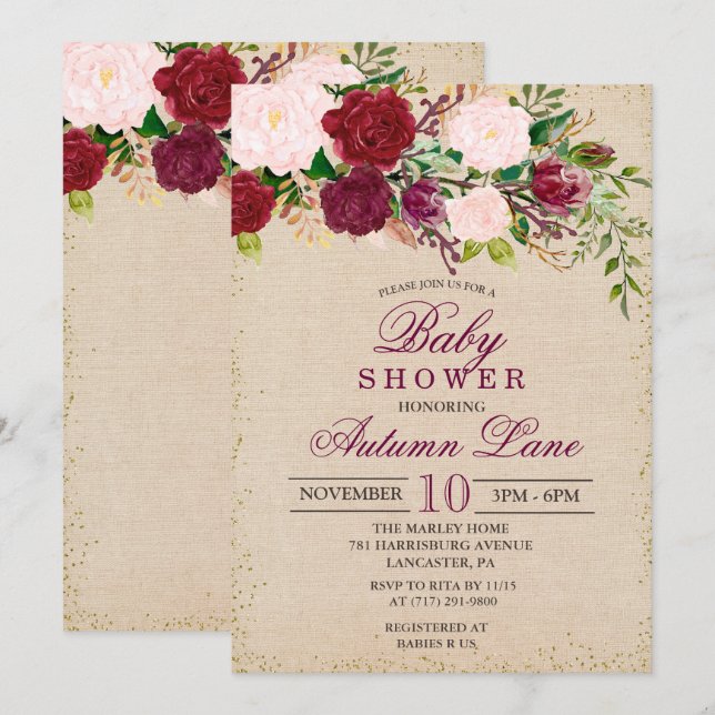 Invitación de Baby Shower Floral Rústica Borgoña (Anverso / Reverso)