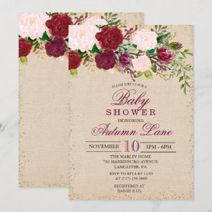 Invitación de Baby Shower Floral Rústica Borgoña